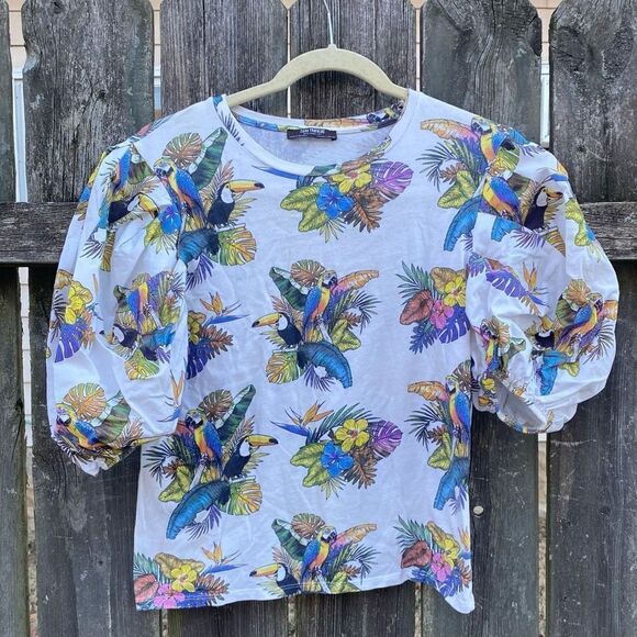 Zara Trafaluc Tropical Bird Print Puff Sleeve Top | S - Picture 2 of 4